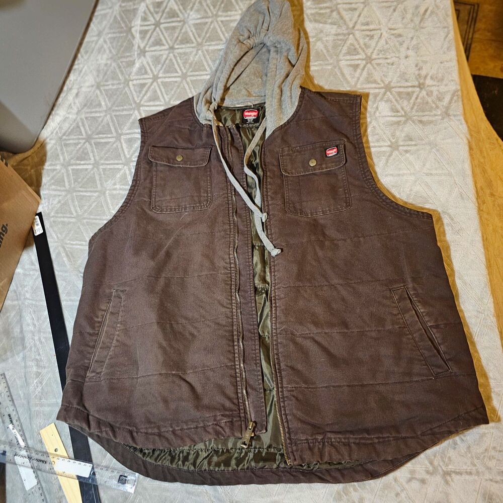 Wrangler Men's Brown Hooded Lined Zip Front Vest Big & Tall 3XL 3XB
